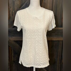 J. Crew White Perforated Eyelet Paisley Short‎ Sleeve Crew Neck Blouse Size S